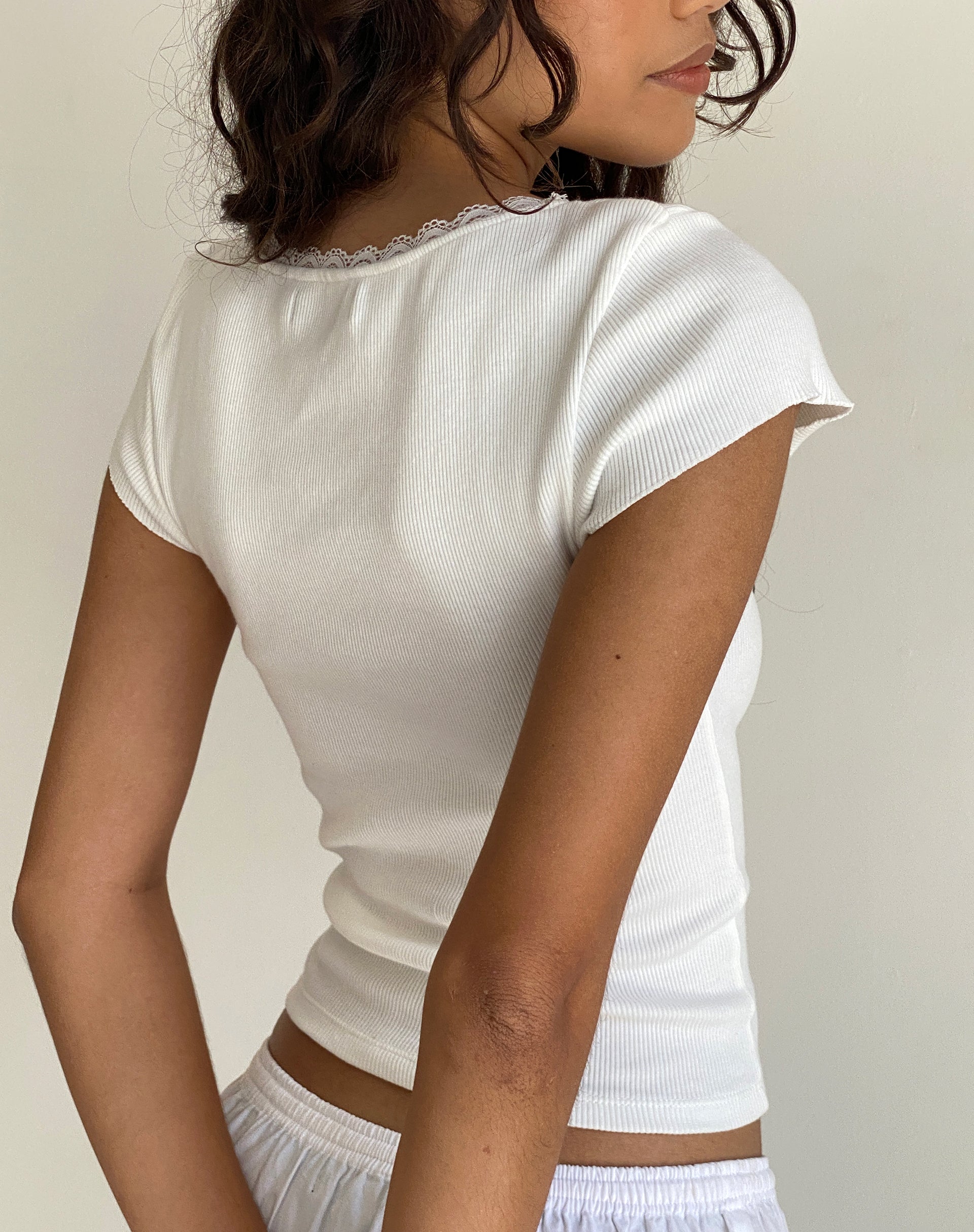 Bovillo Lace Trim Tee in Ribbed Off White-Nico Sky