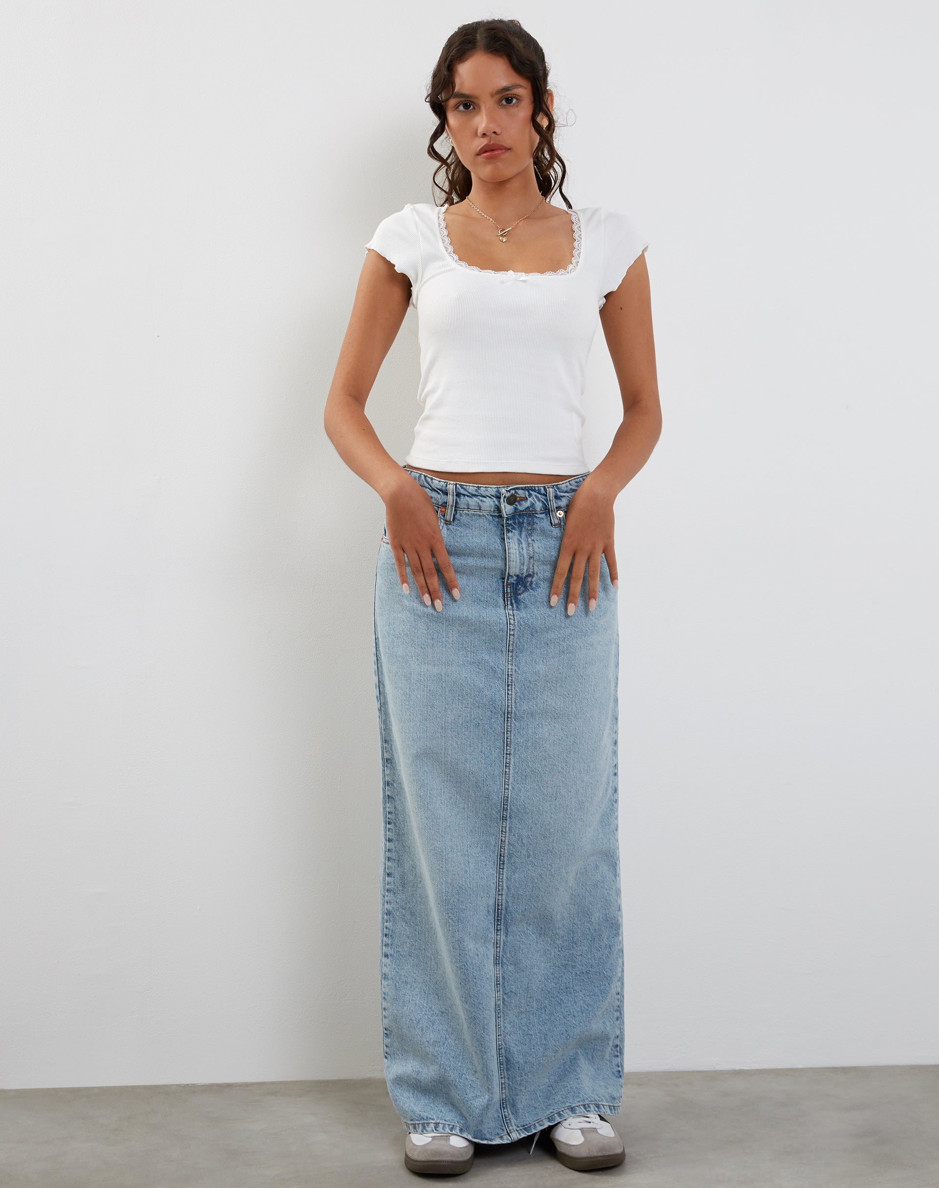 Low Rise Denim Maxi Skirt in Bleach Denim-Nico Sky