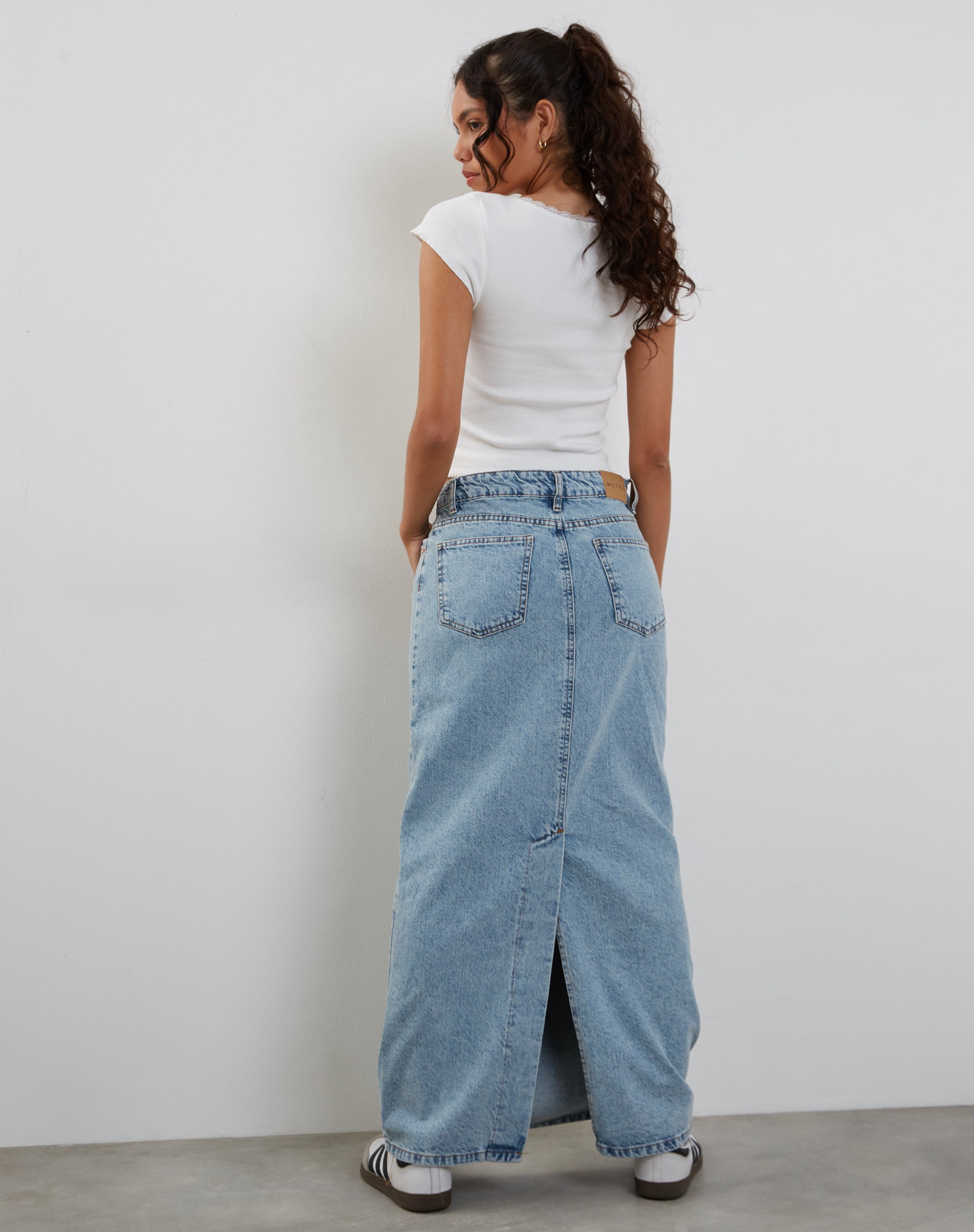 Low Rise Denim Maxi Skirt in Bleach Denim-Nico Sky