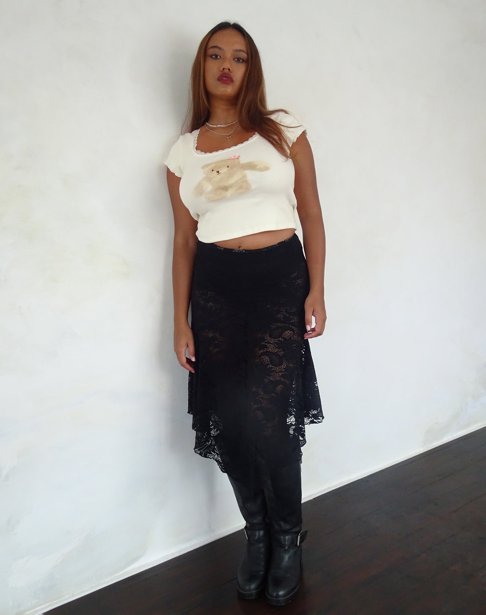 Bovillo Cap Sleeve Top in White Rib with Teddy Motif-Nico Sky