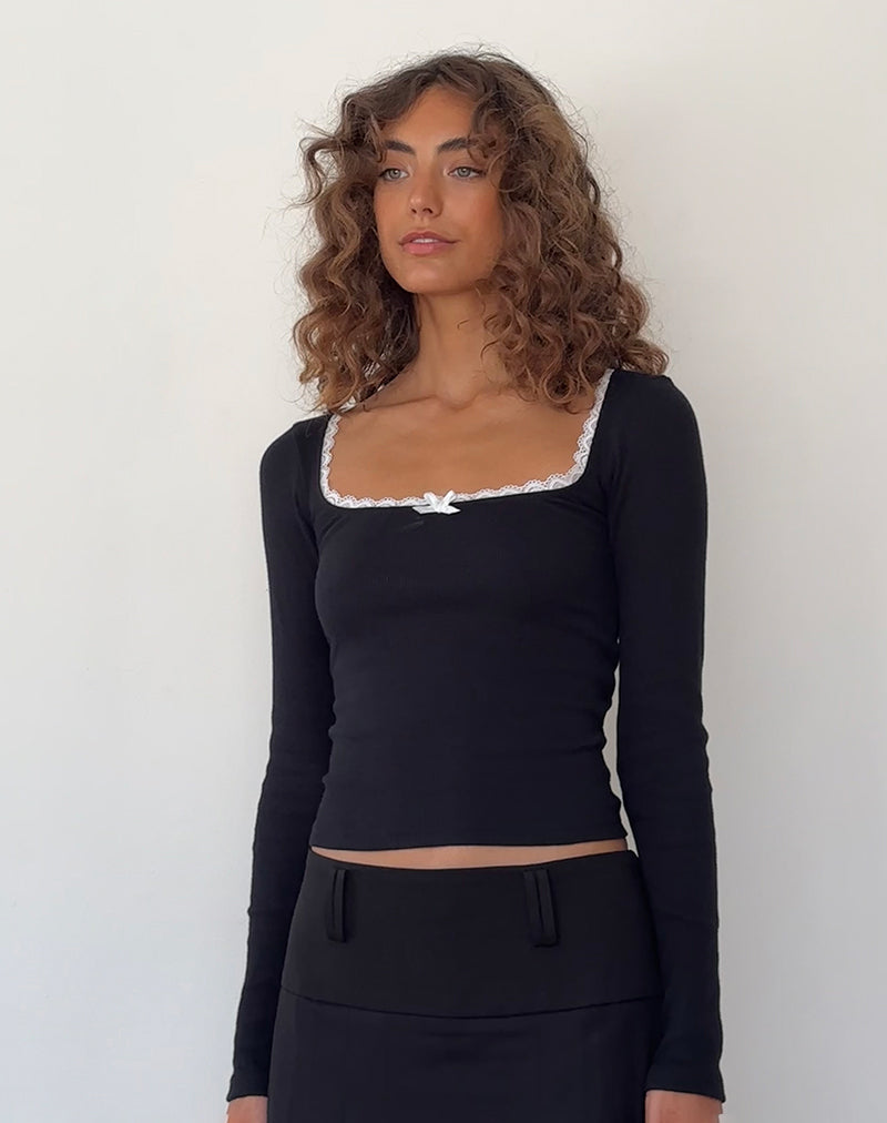 Bovita Long Sleeve Top in Black with Off White Trim-Nico Sky