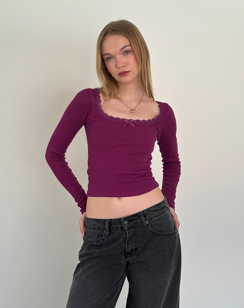 Bovita Long Sleeve Ribbed Top in Berry-Nico Sky