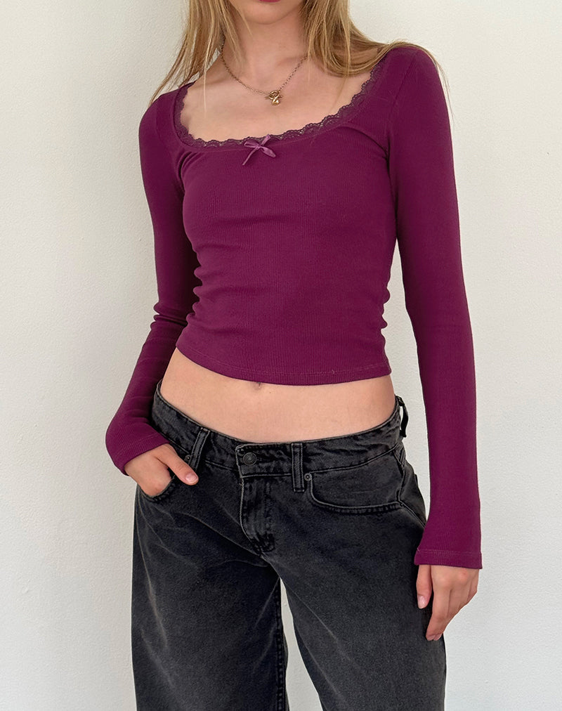 Bovita Long Sleeve Ribbed Top in Berry-Nico Sky