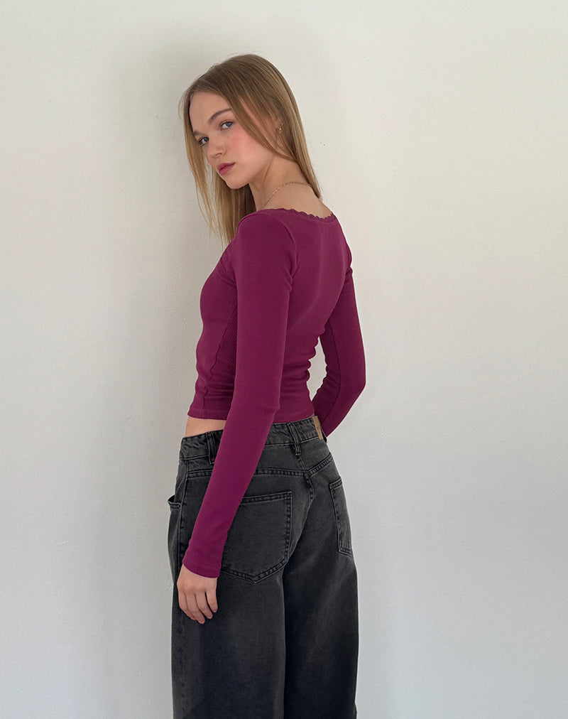 Bovita Long Sleeve Ribbed Top in Berry-Nico Sky