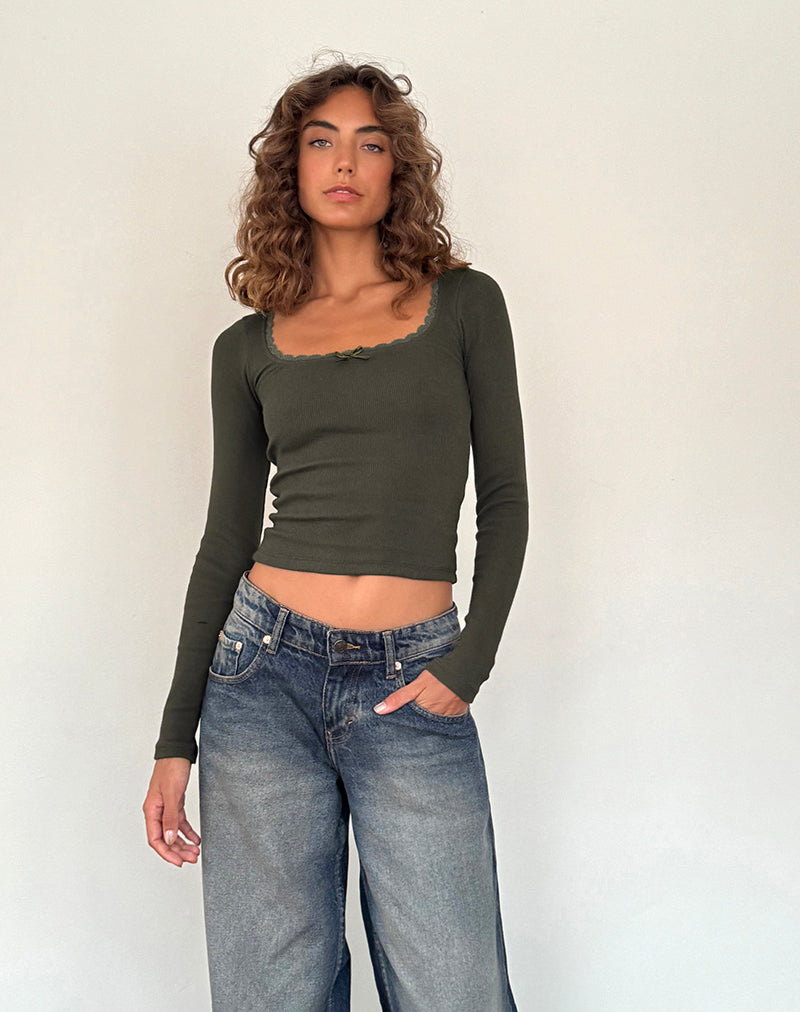 Bovita Long Sleeve Ribbed Top in Olive-Nico Sky