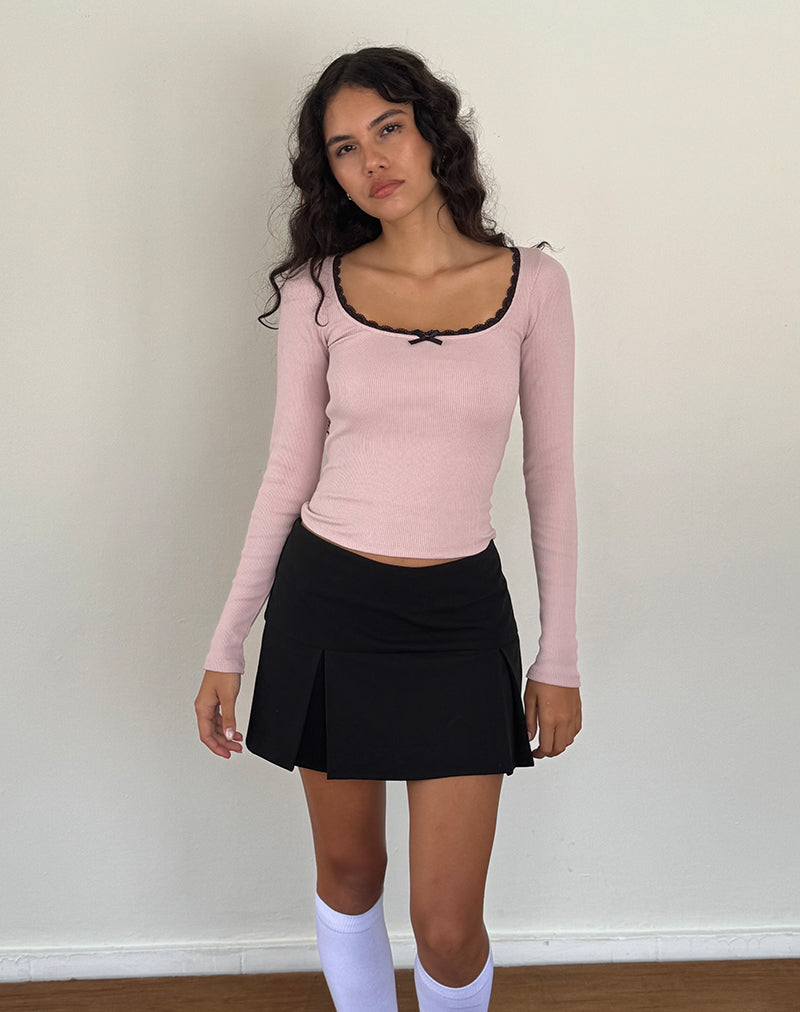 Bovita Long Sleeve Ribbed Top in Pink Lady with Black Lace-Nico Sky