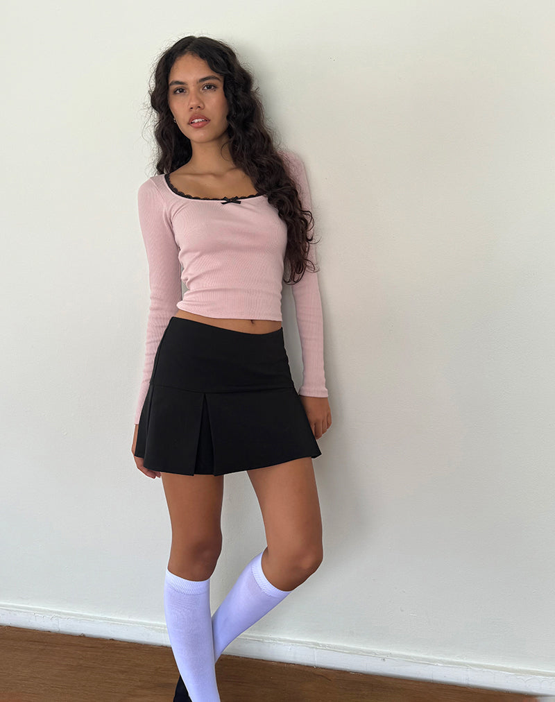 Bovita Long Sleeve Ribbed Top in Pink Lady with Black Lace-Nico Sky