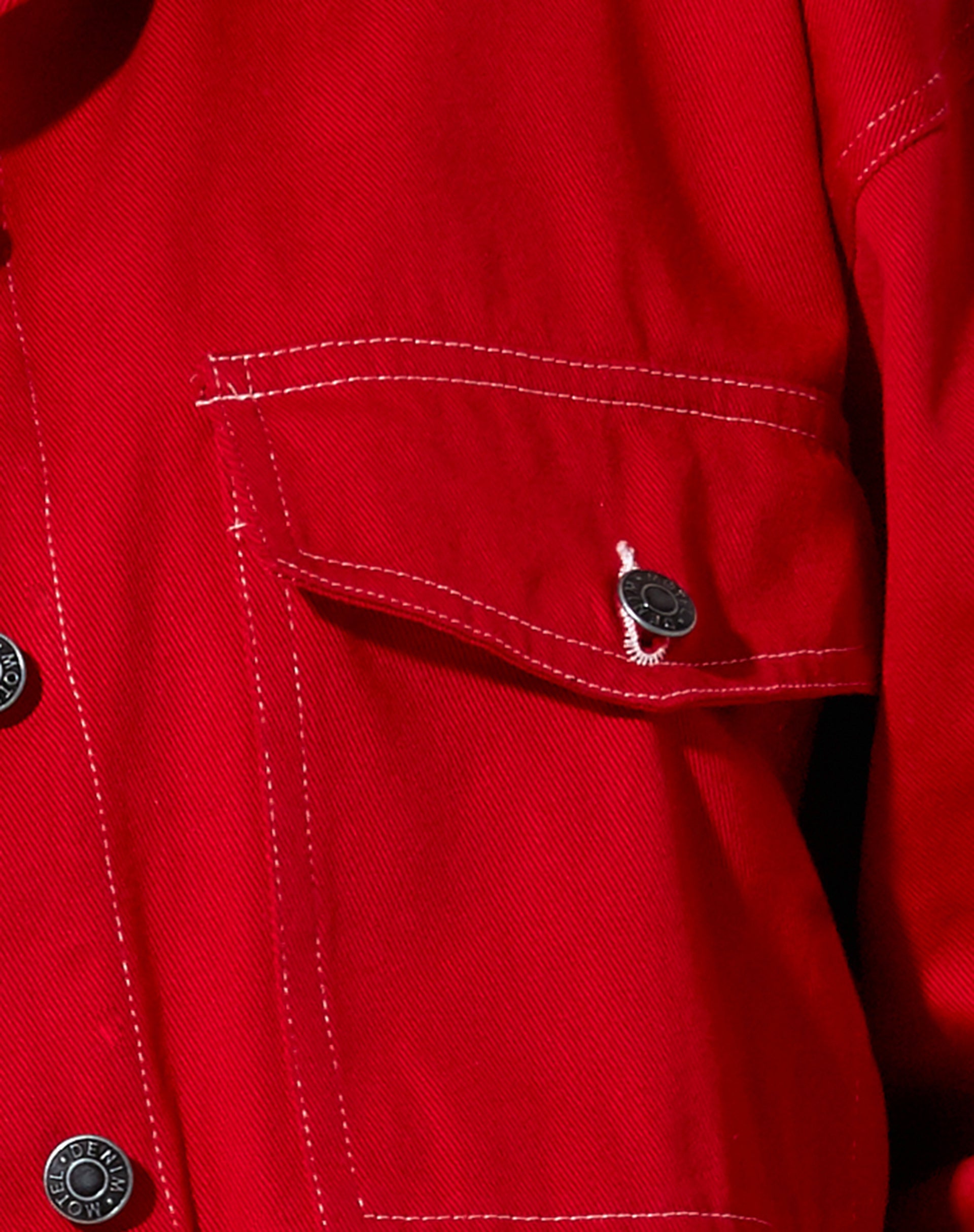 Boxy Denim Jacket in Racing Red with White Stitch-Nico Sky