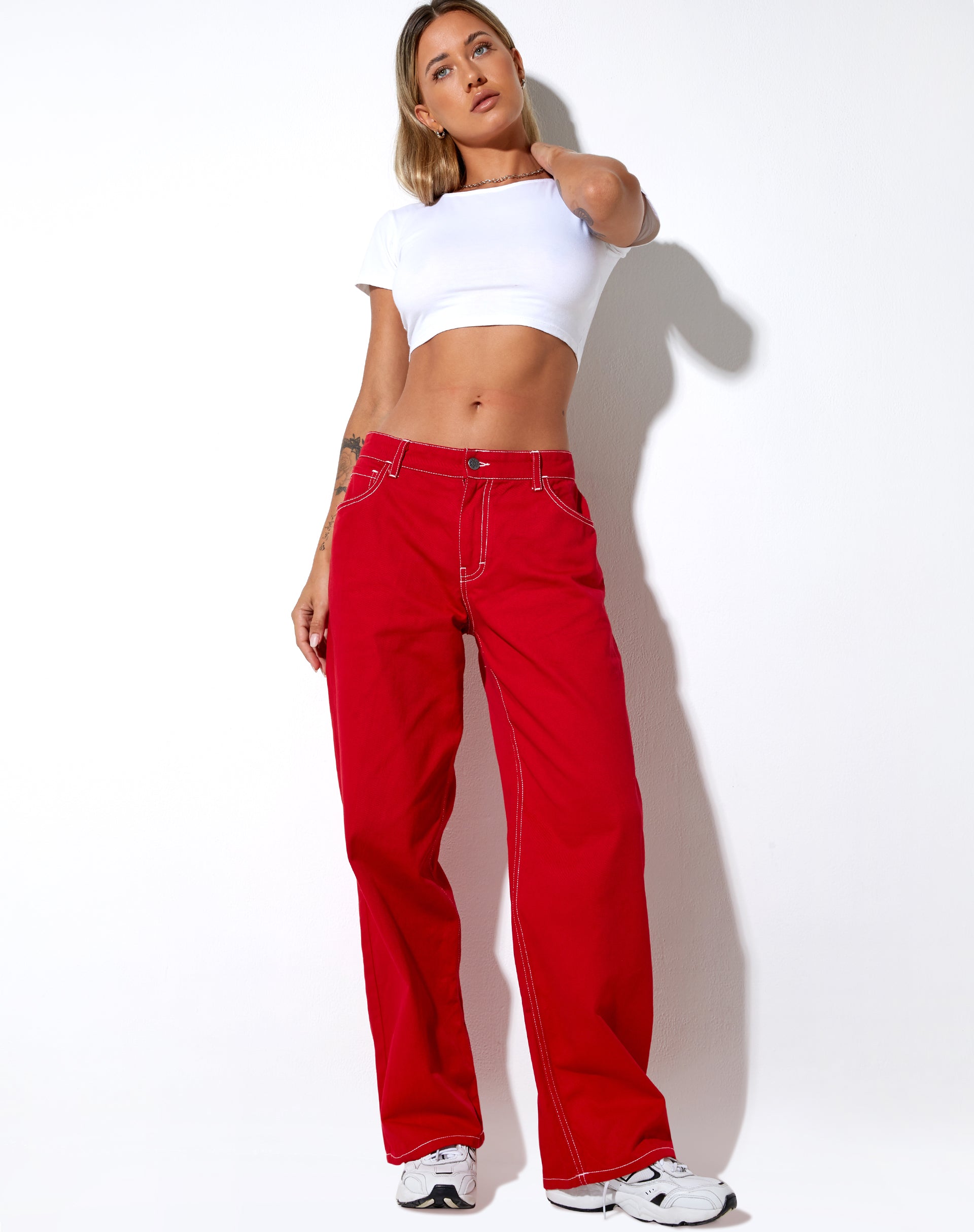 Athene Trouser in Racing Red White Stitch-Nico Sky
