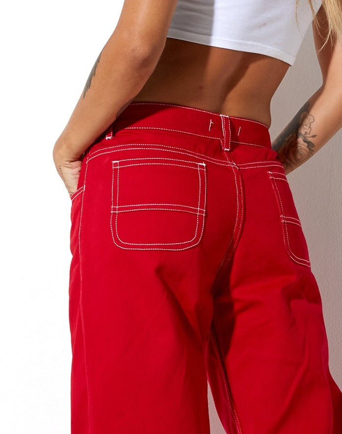 Athene Trouser in Racing Red White Stitch-Nico Sky