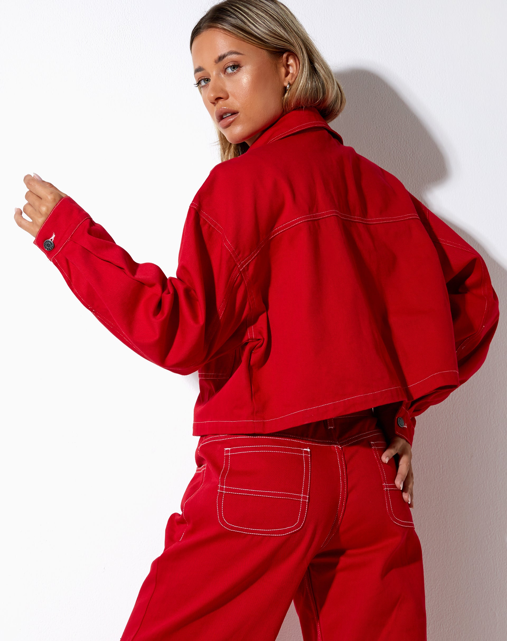 Boxy Denim Jacket in Racing Red with White Stitch-Nico Sky