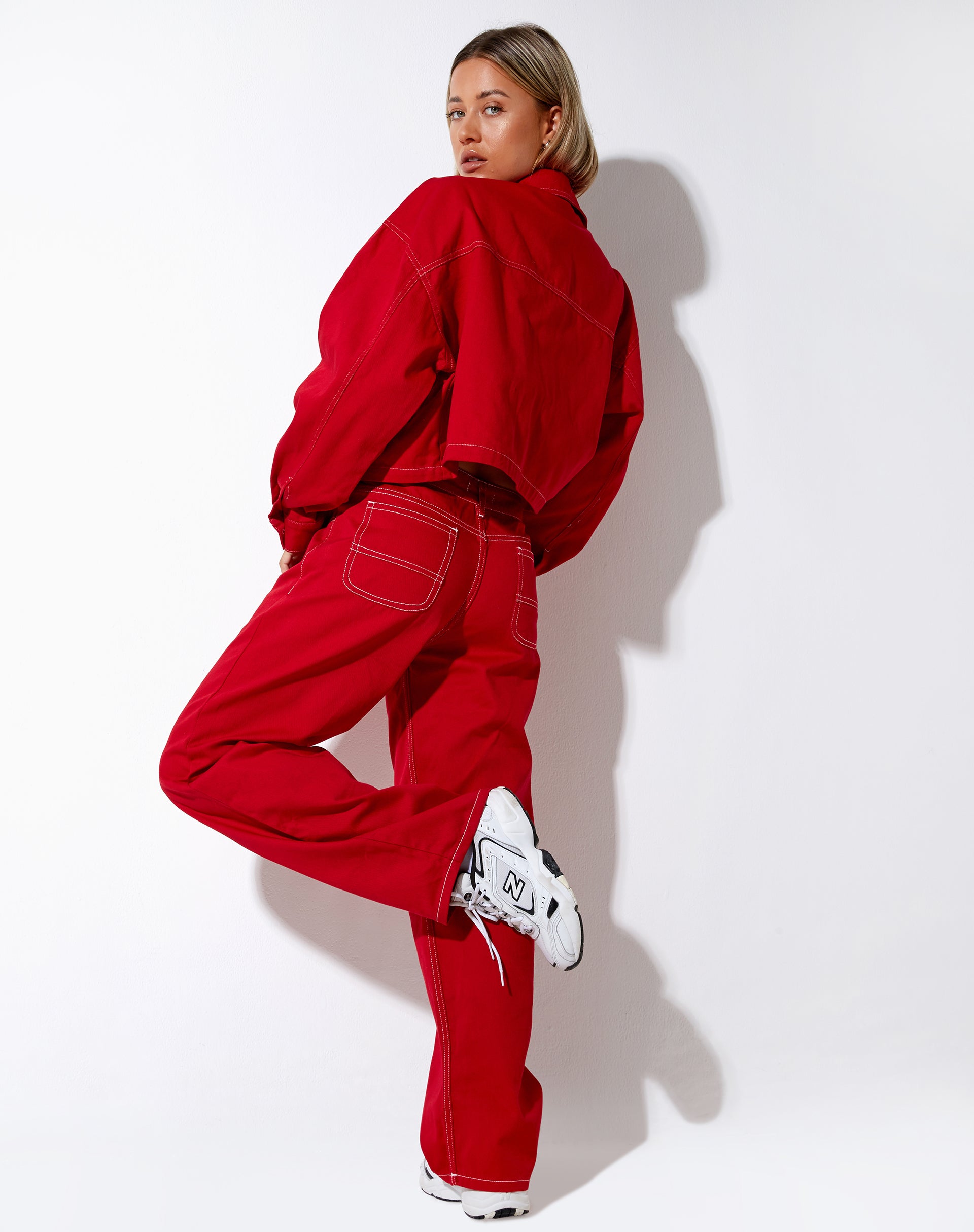 Boxy Denim Jacket in Racing Red with White Stitch-Nico Sky