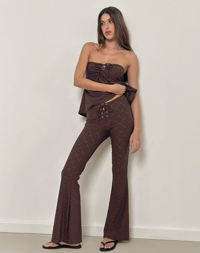 Dan Tie Front Flared Trousers in Broderie Brown-Nico Sky