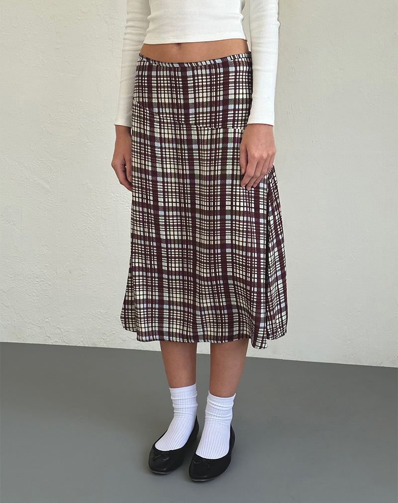 Brella Midi Skirt in Multi Check Brown-Nico Sky