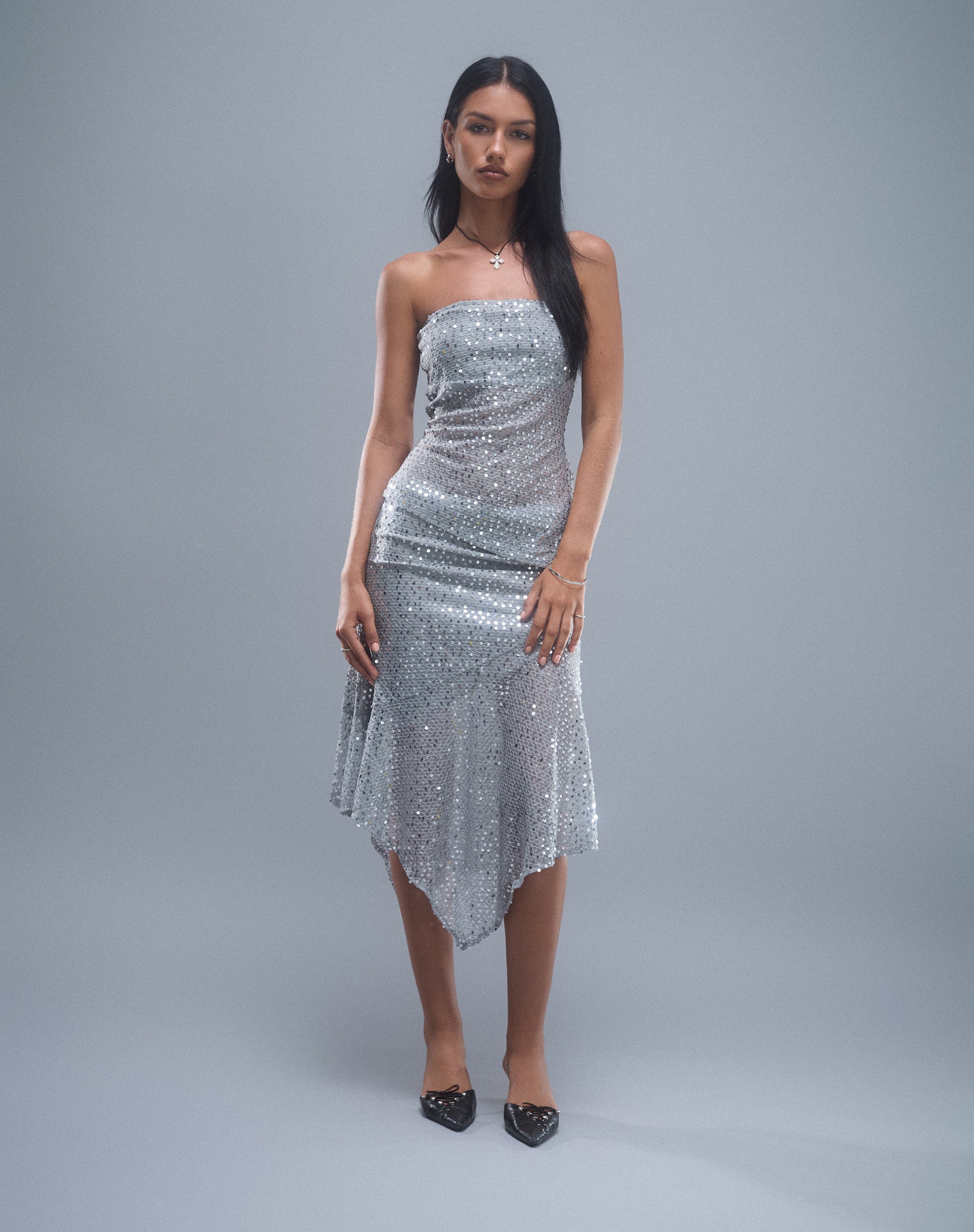 Carita Midi Skirt in Sequin Knit Silver-Nico Sky