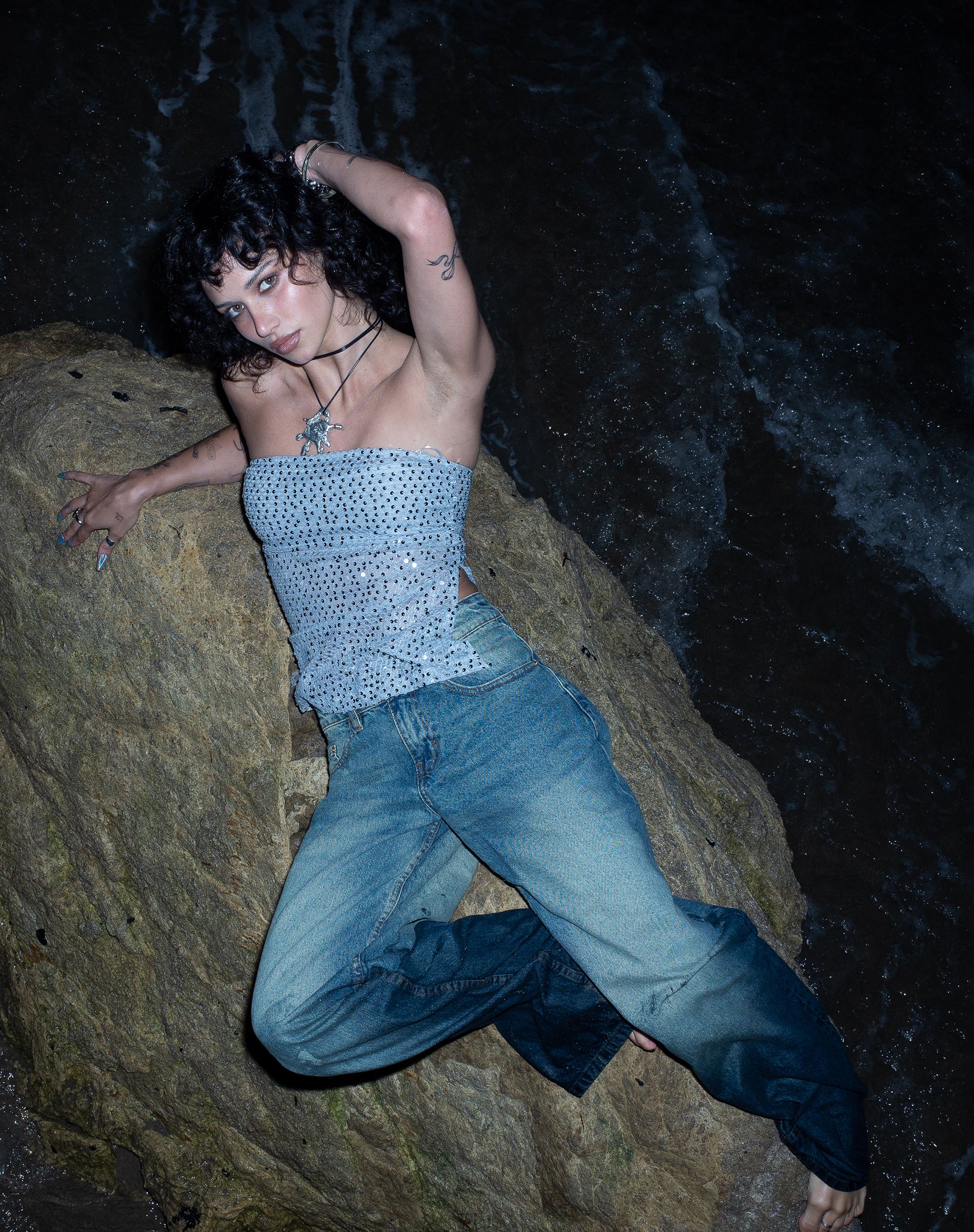 Brilia Bandeau Top in Sequin Knit Silver-Nico Sky