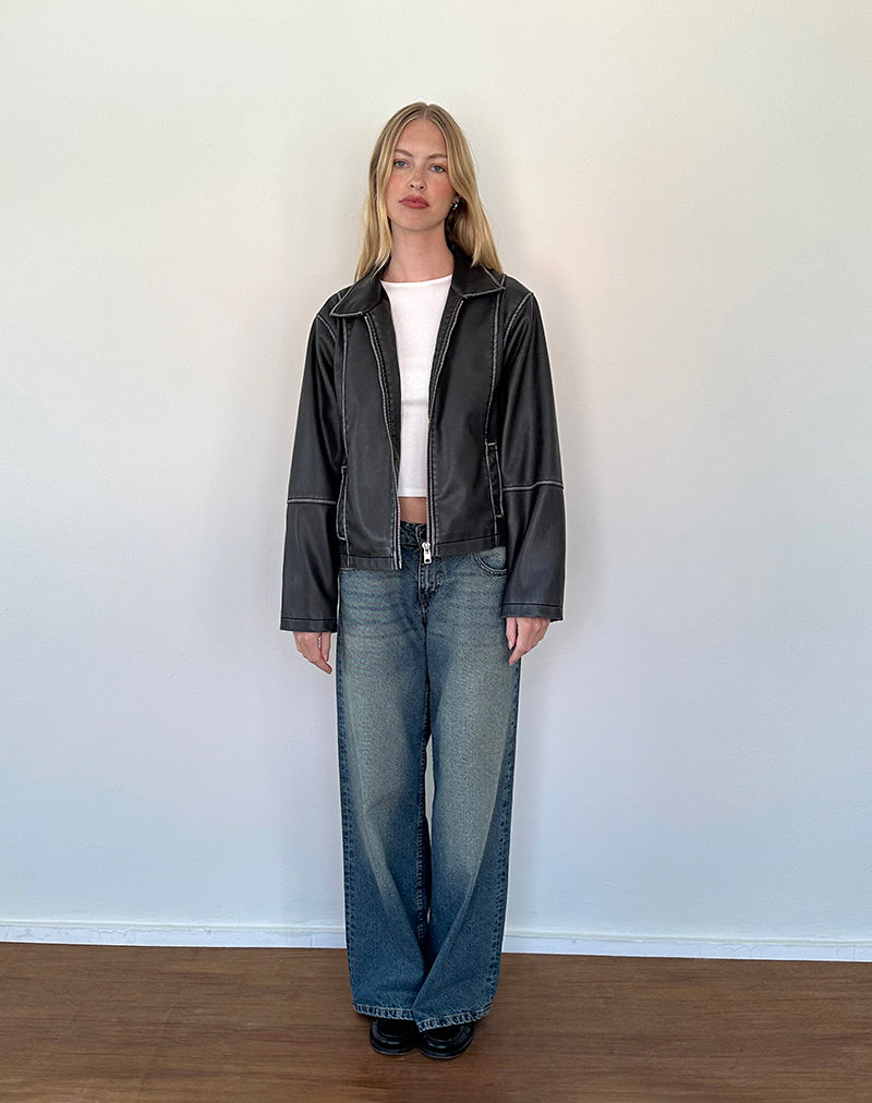 Brittany Distressed Jacket in PU Black-Nico Sky