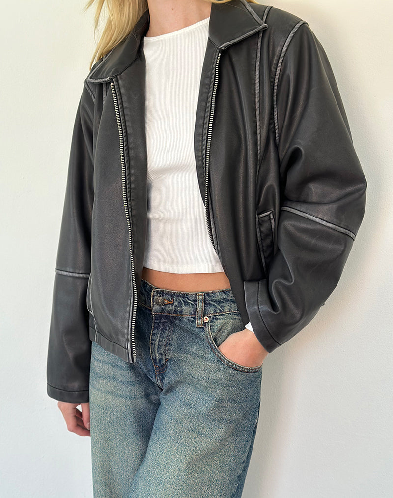 Brittany Distressed Jacket in PU Black-Nico Sky