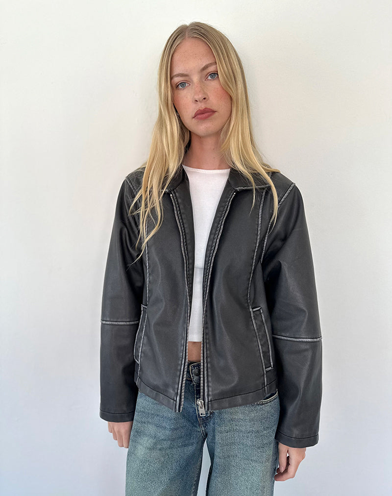 Brittany Distressed Jacket in PU Black-Nico Sky