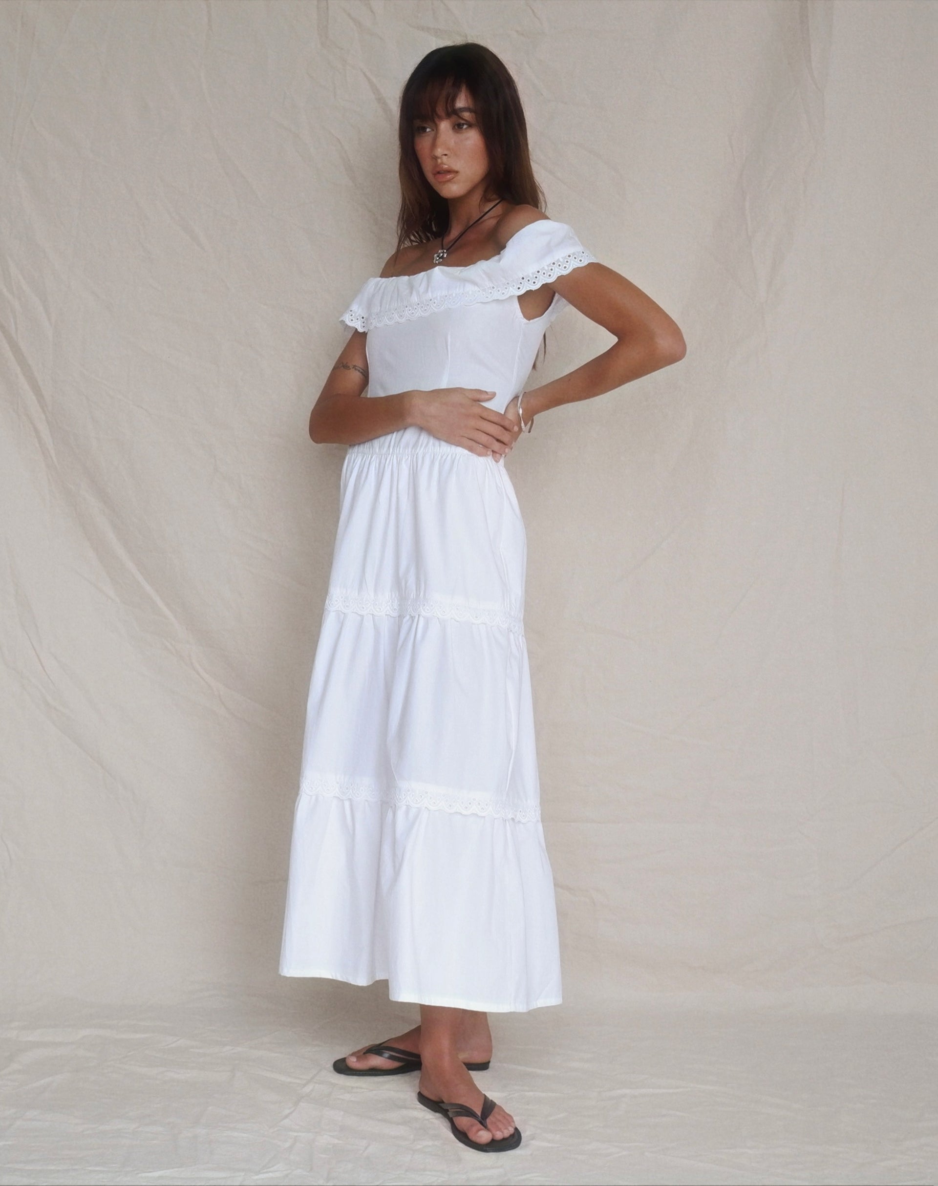Helpa Tiered Bardot Maxi Dress in White-Nico Sky
