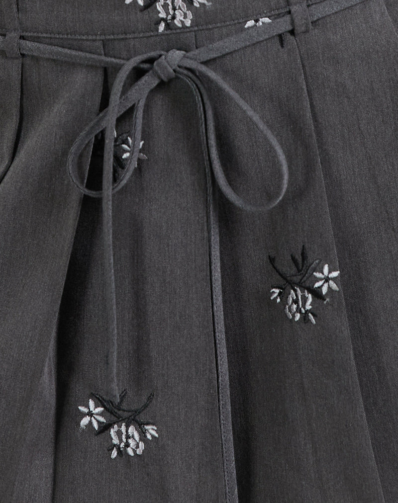 Calina Skirt in Floral Embroidery Tailoring Charcoal-Nico Sky