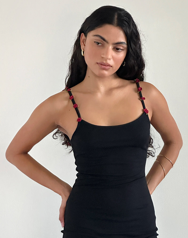 Cantana Maxi Dress in Black with Red Rosette-Nico Sky