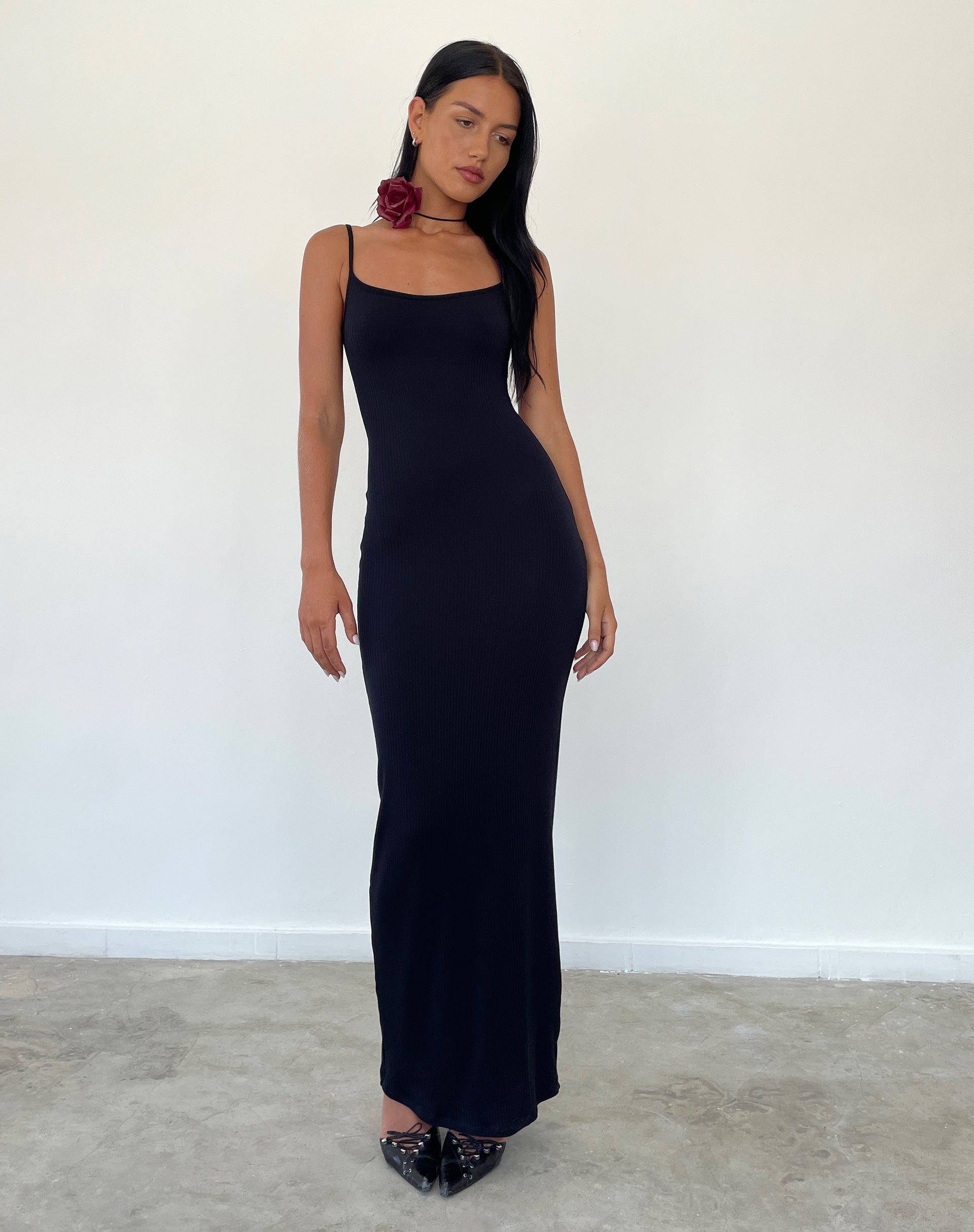 Cantha Strappy Maxi Dress in Black Rib-Nico Sky