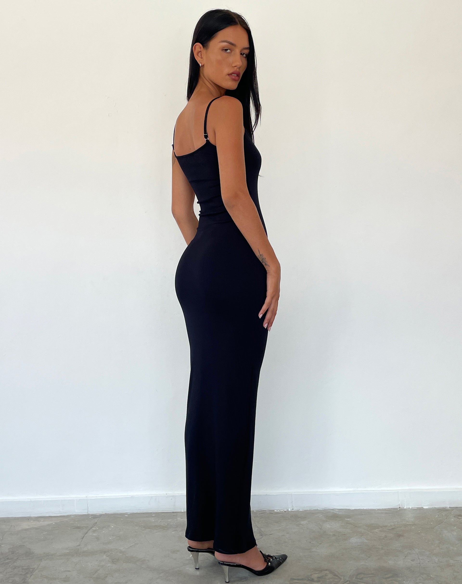 Cantha Strappy Maxi Dress in Black Rib-Nico Sky