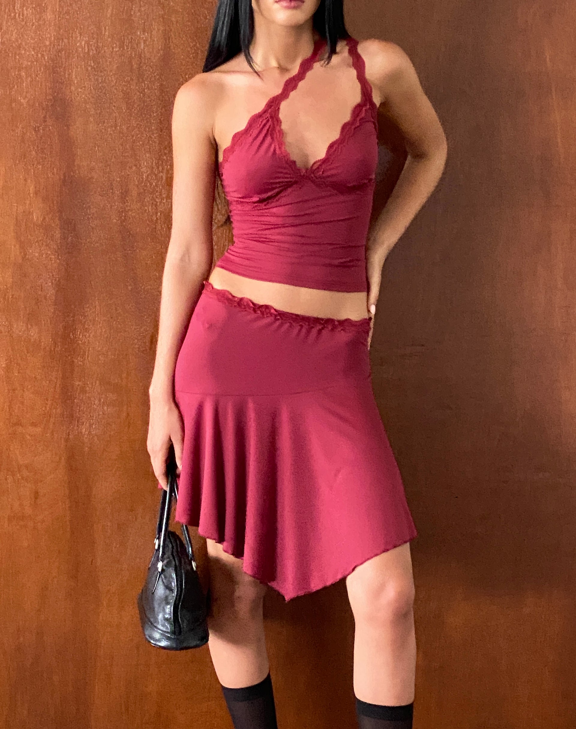 Lula Lace Trim Mini Skirt in Dark Cherry-Nico Sky