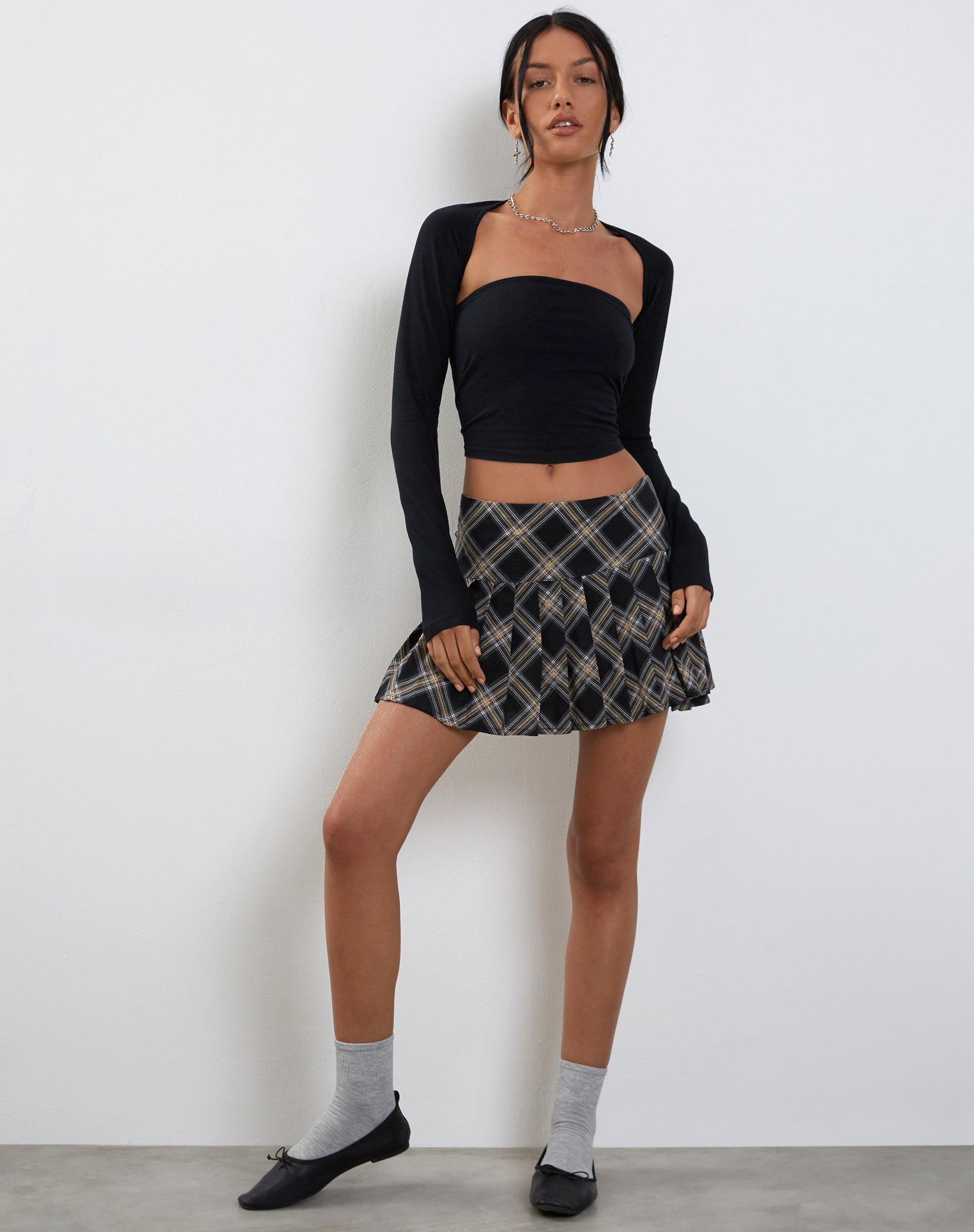 Casini Pleated Micro Skirt in Black and Grey Check-Nico Sky