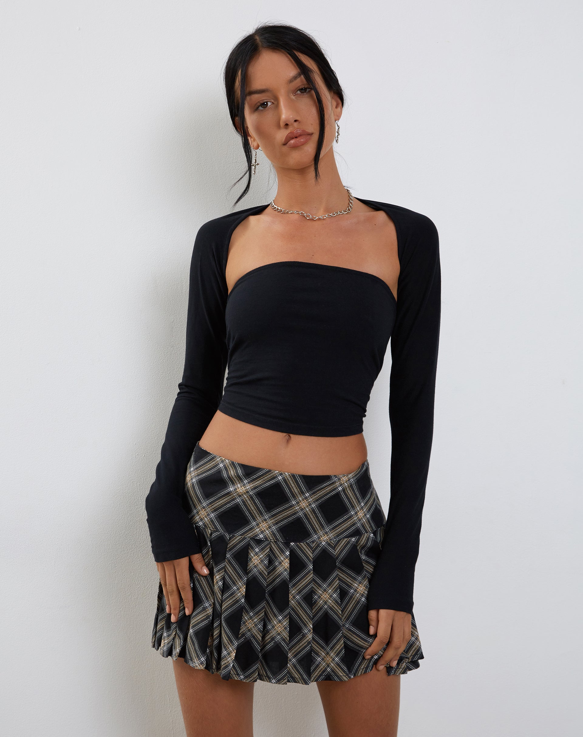 Casini Pleated Micro Skirt in Black and Grey Check-Nico Sky