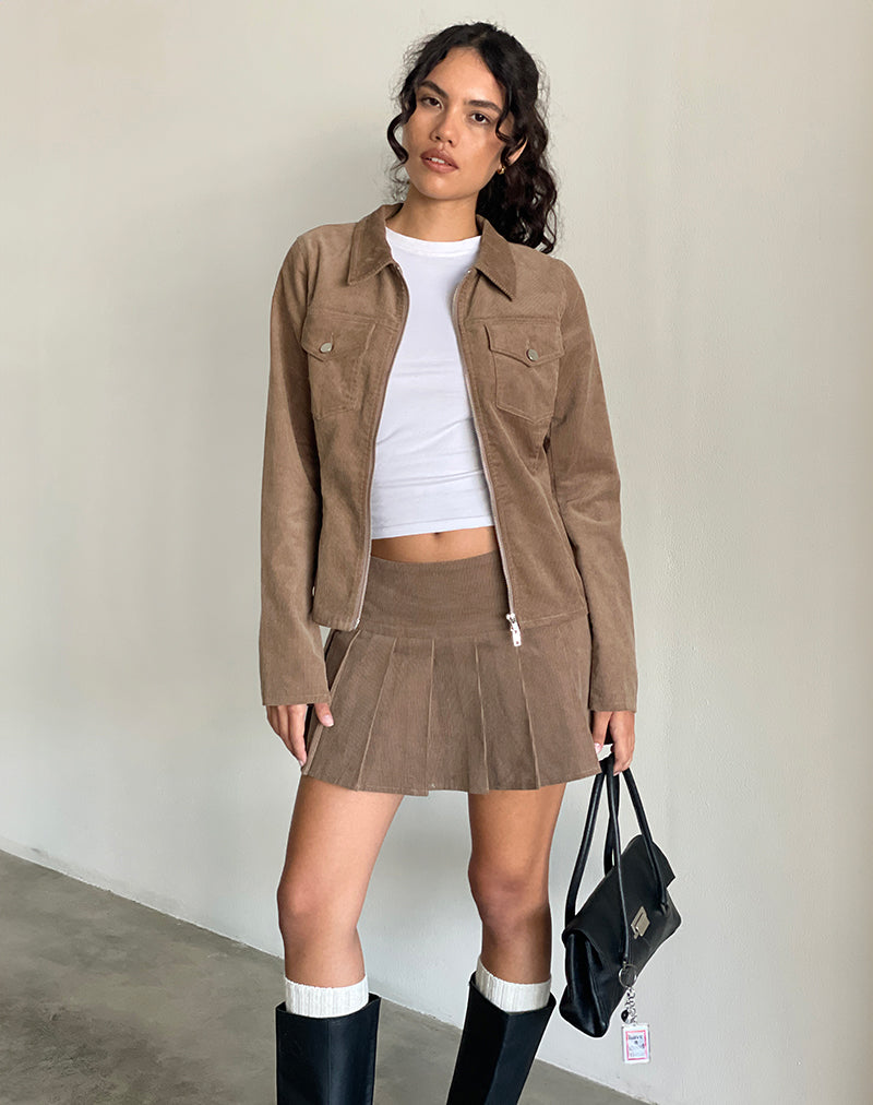 Casna Pleated Mini Skirt in Baby Cord Walnut Brown-Nico Sky