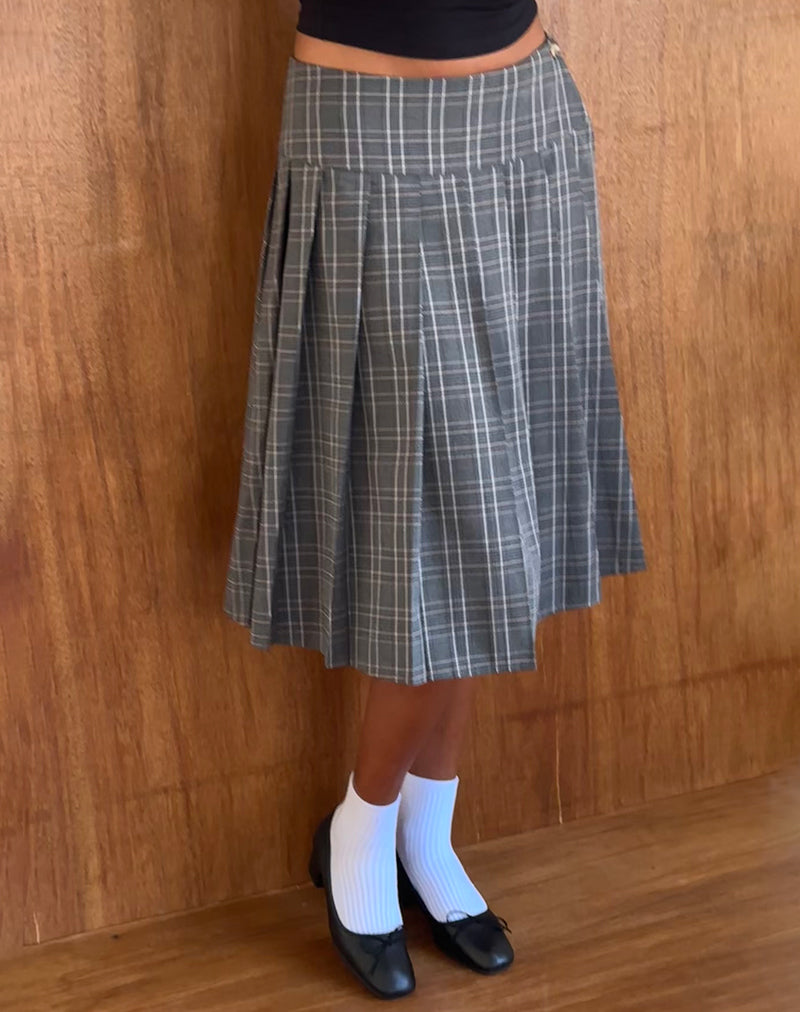 Catelyn Wrap Pleated Midi Skirt in Grey Check-Nico Sky