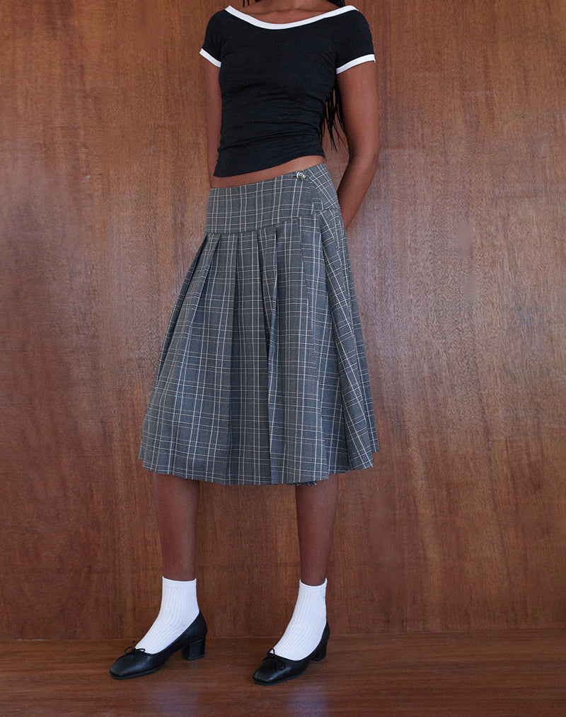 Catelyn Wrap Pleated Midi Skirt in Grey Check-Nico Sky