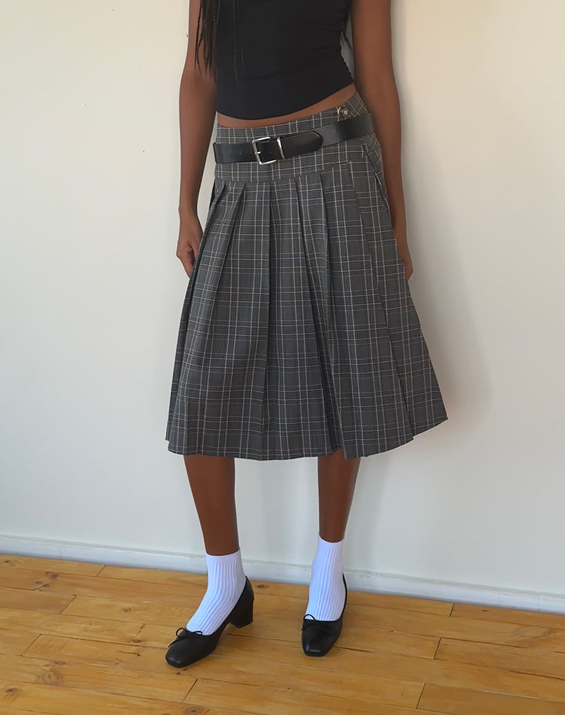 Catelyn Wrap Pleated Midi Skirt in Grey Check-Nico Sky