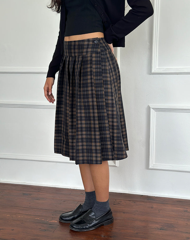 Catelyn Pleated Midi Skirt in Navy Mustard Check-Nico Sky