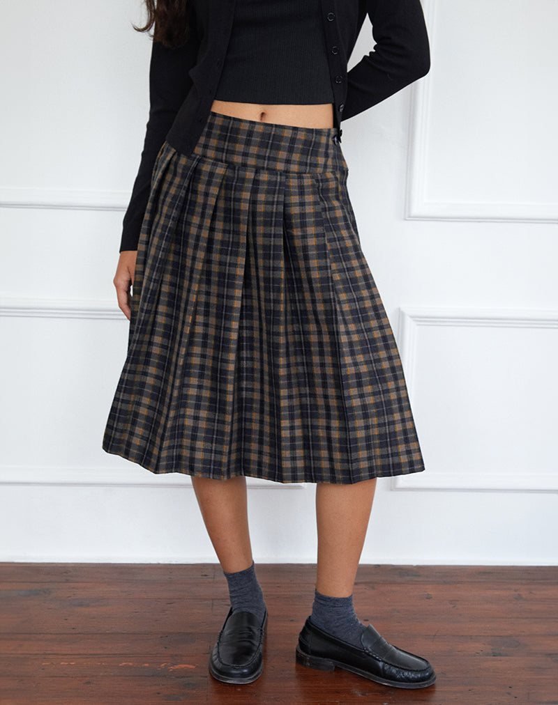 Catelyn Pleated Midi Skirt in Navy Mustard Check-Nico Sky