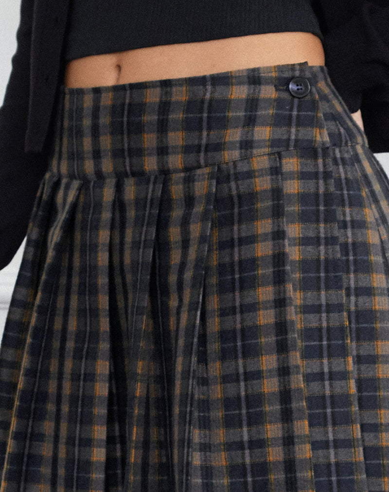 Catelyn Pleated Midi Skirt in Navy Mustard Check-Nico Sky