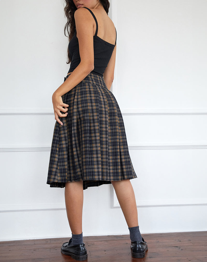 Catelyn Pleated Midi Skirt in Navy Mustard Check-Nico Sky