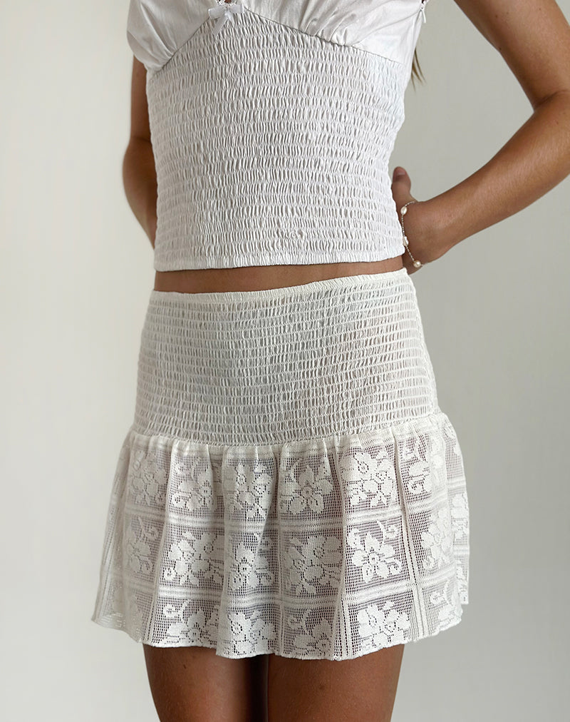 Cathyna Crochet Shirred Mini Skirt in Poplin White-Nico Sky