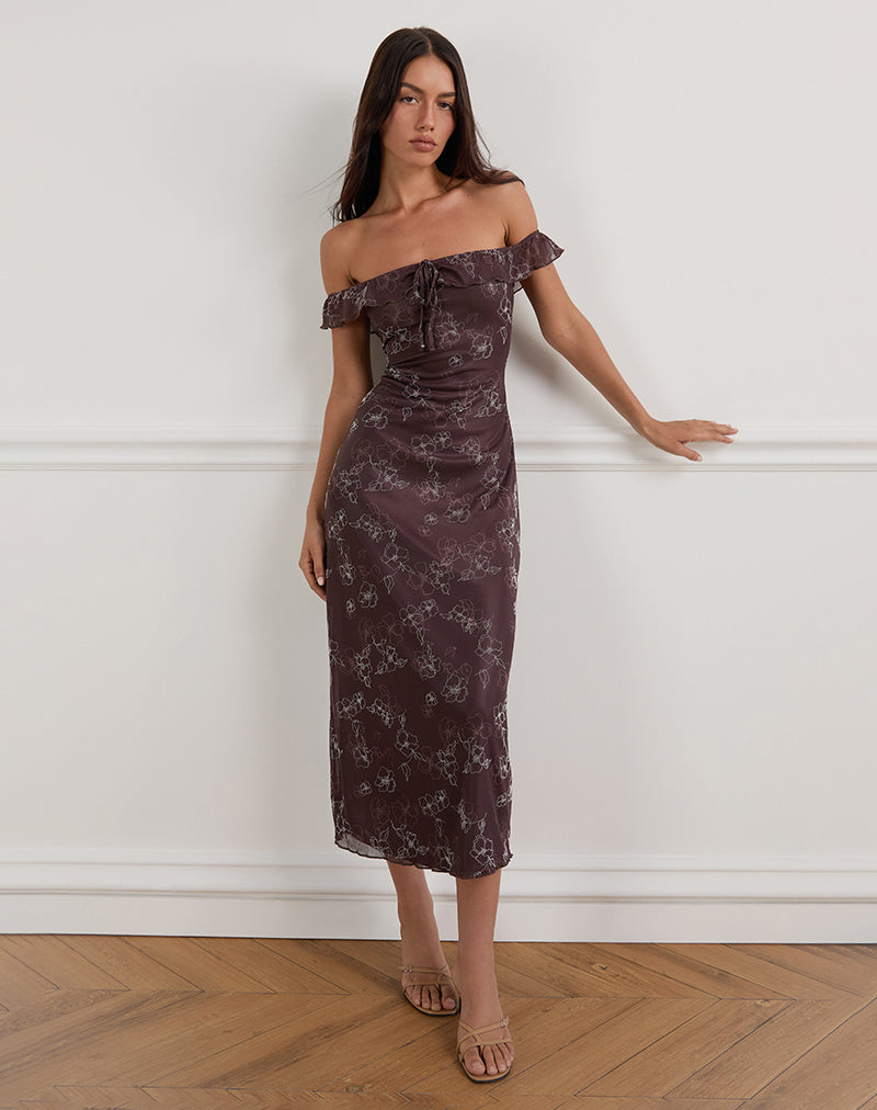 Catrin Midi Dress in Doodle Flower Flock Brown-Nico Sky