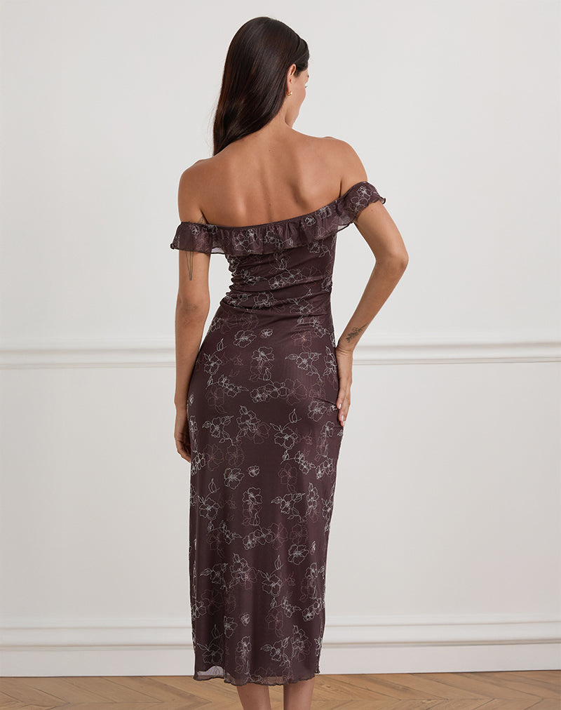 Catrin Midi Dress in Doodle Flower Flock Brown-Nico Sky