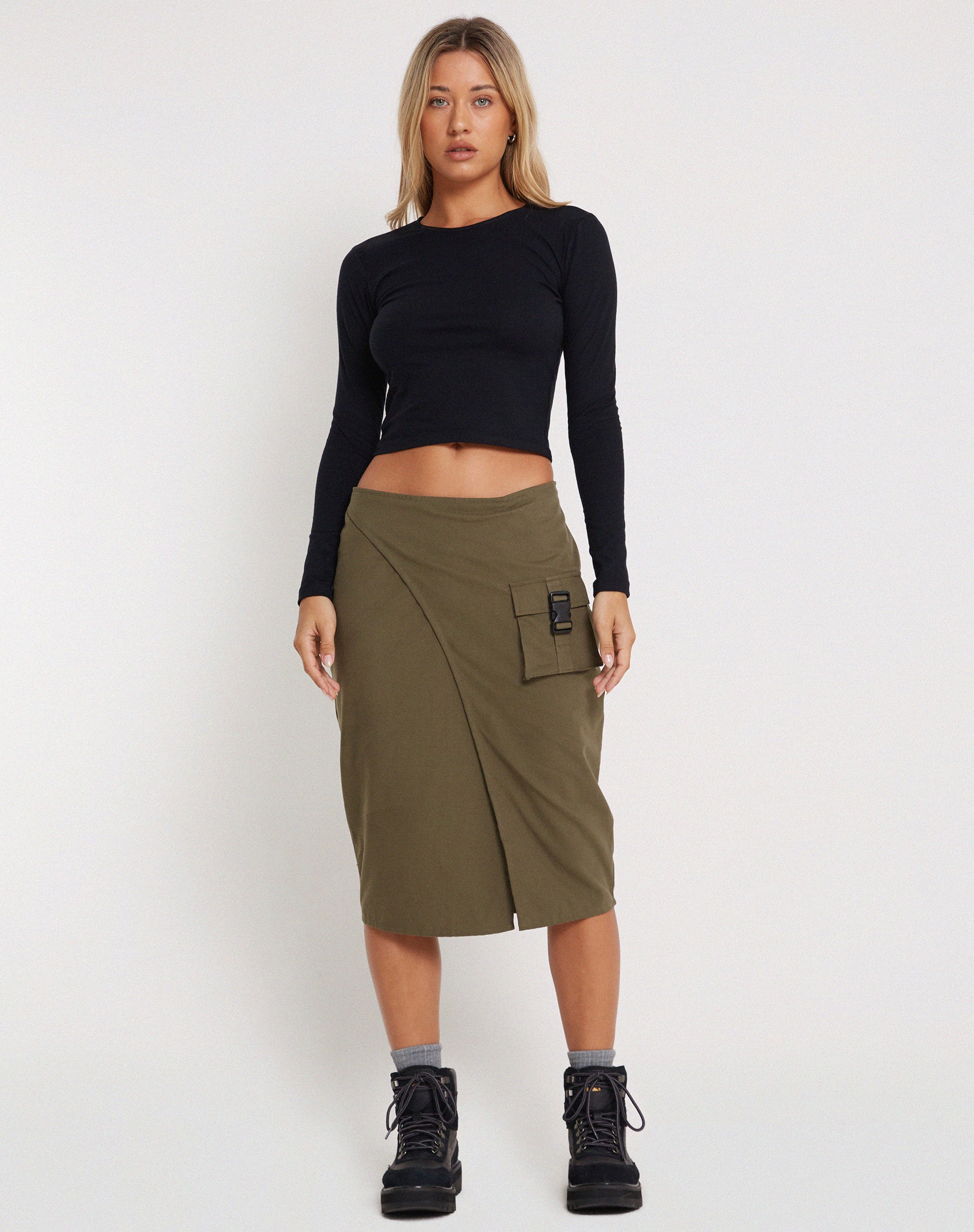 Catriona Midi Skirt in Military Khaki-Nico Sky