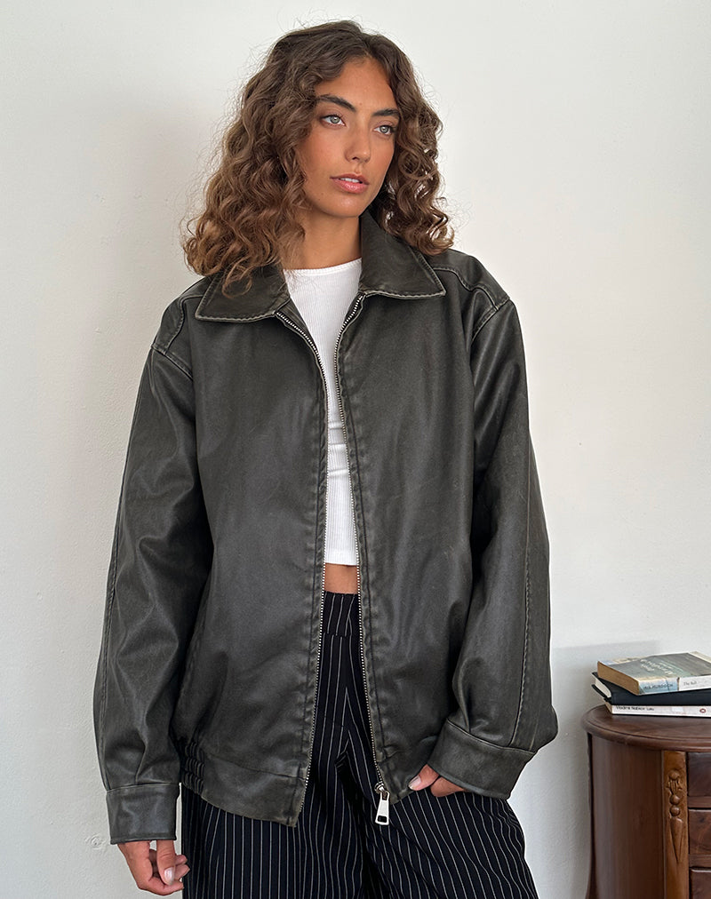 Cavita Distressed Jacket in PU Olive-Nico Sky