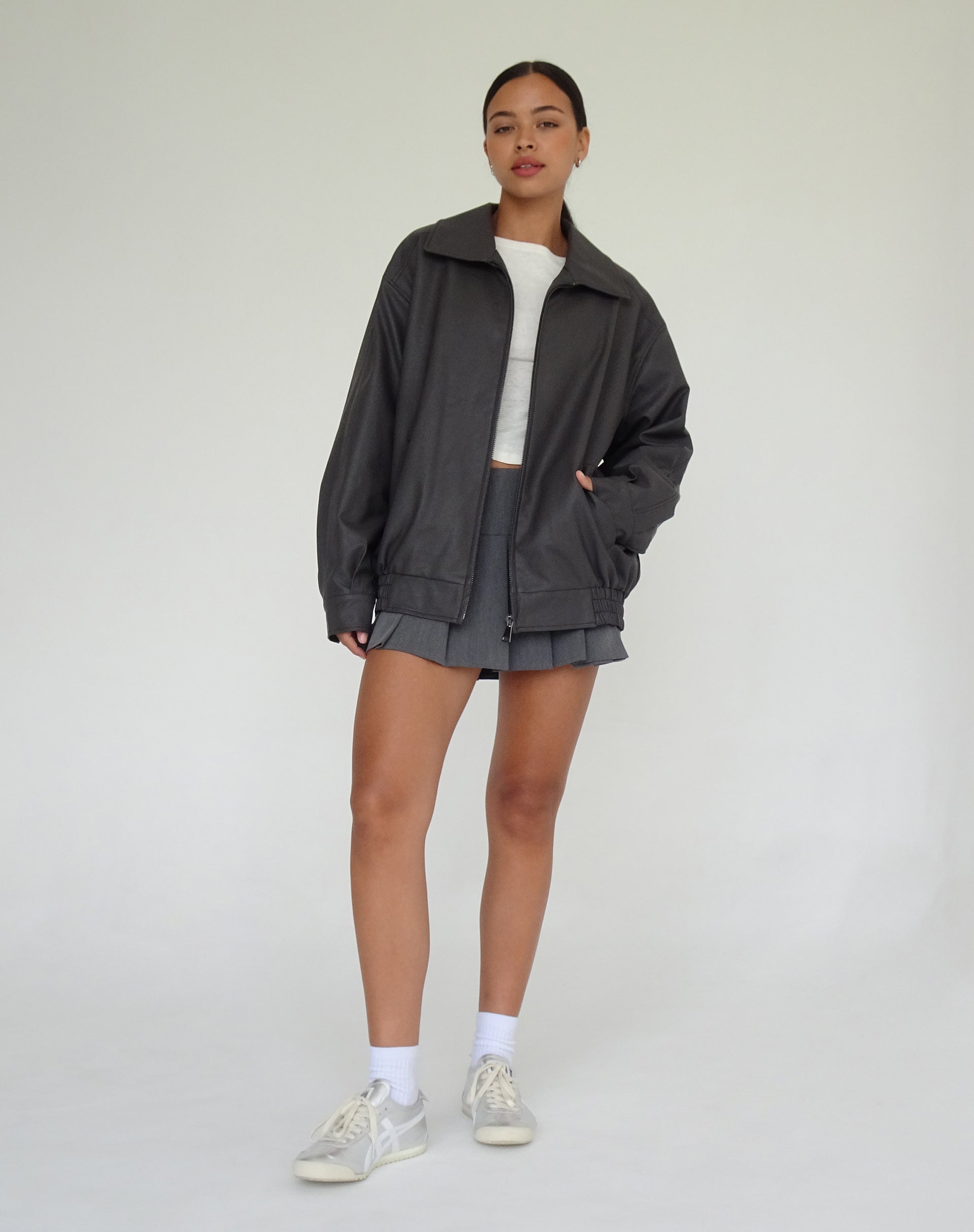 Cavita PU Jacket in Grey with Black Top Stitch-Nico Sky