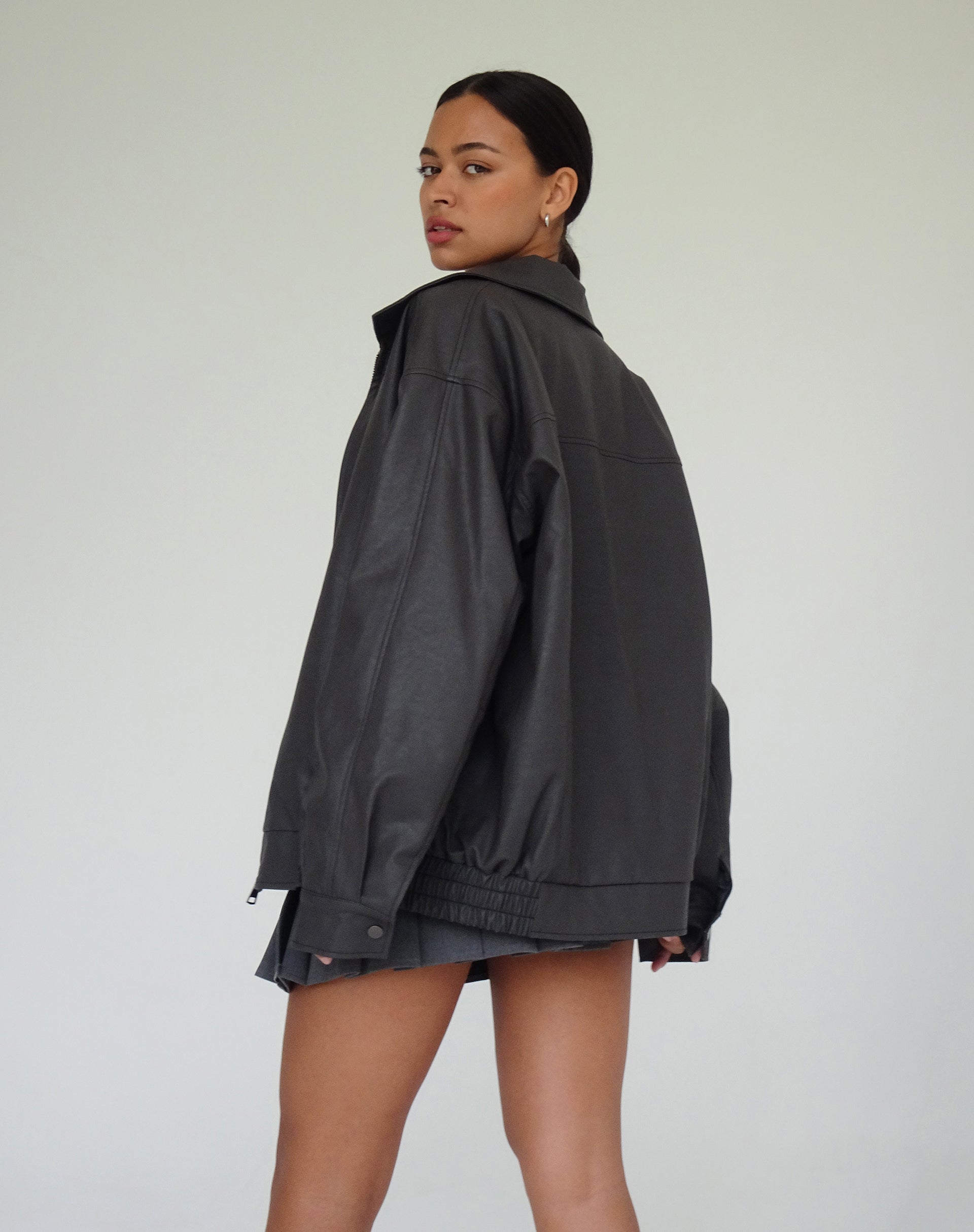 Cavita PU Jacket in Grey with Black Top Stitch-Nico Sky