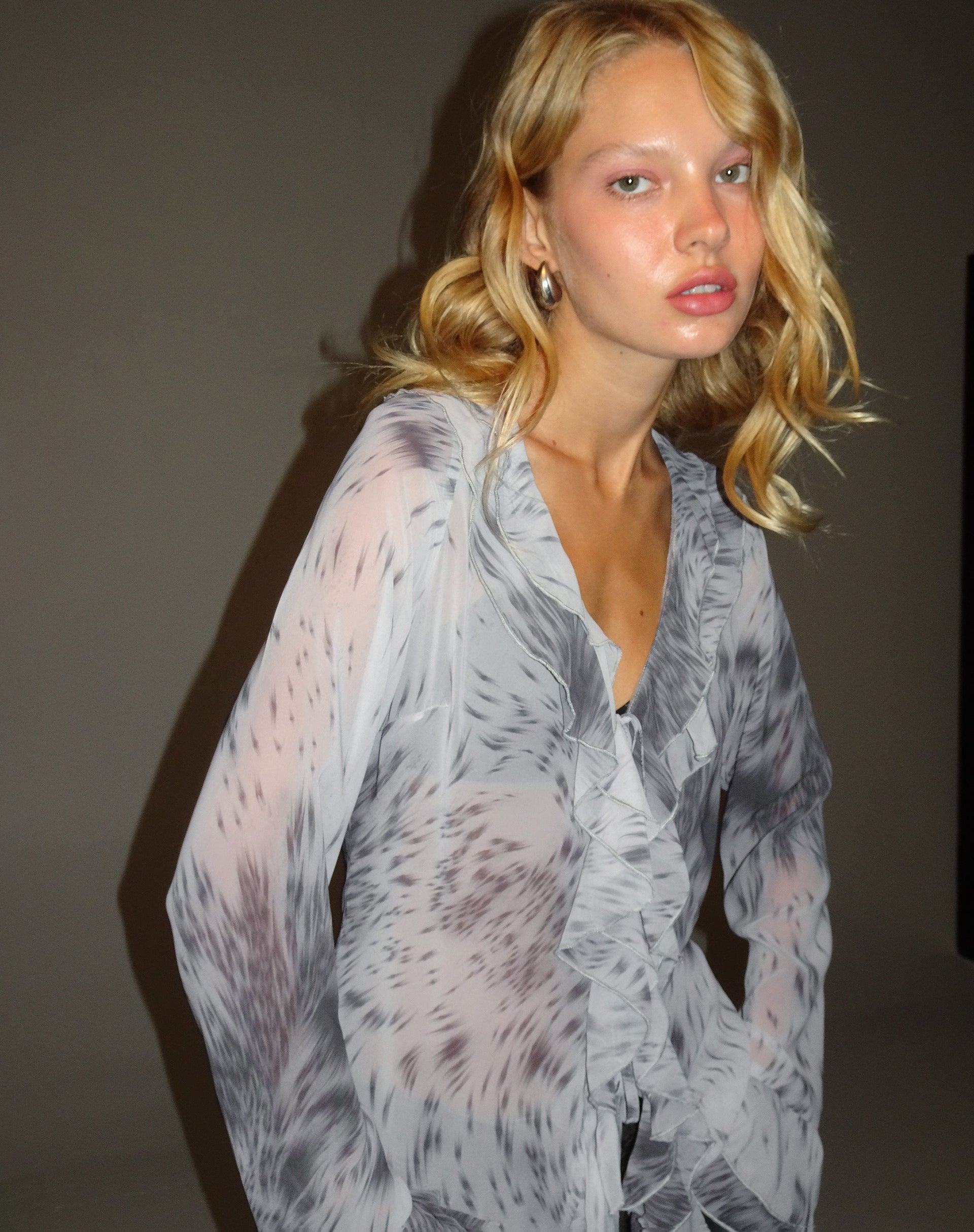 Cecelia Ruffle Detail Blouse in Distorted Animal Print-Nico Sky
