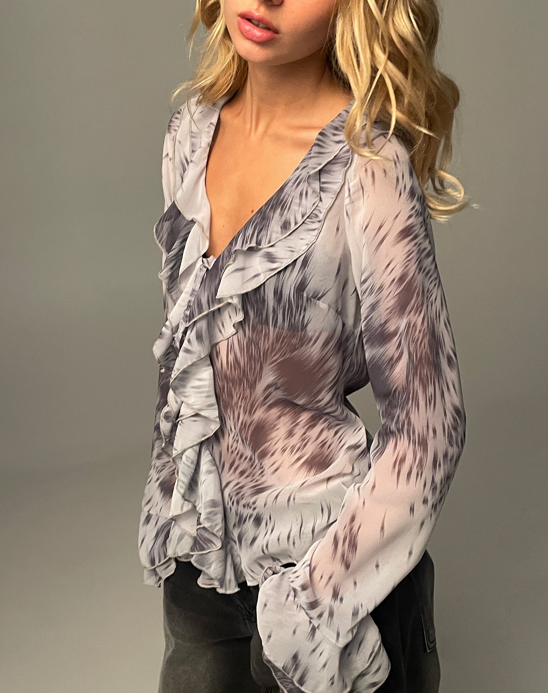 Cecelia Ruffle Detail Blouse in Distorted Animal Print-Nico Sky