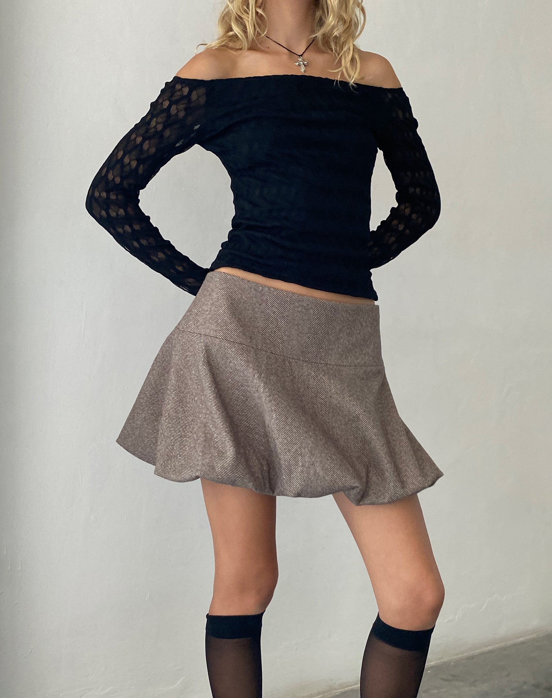 Celina Puffball Mini Skirt in Dark Brown Tailoring-Nico Sky