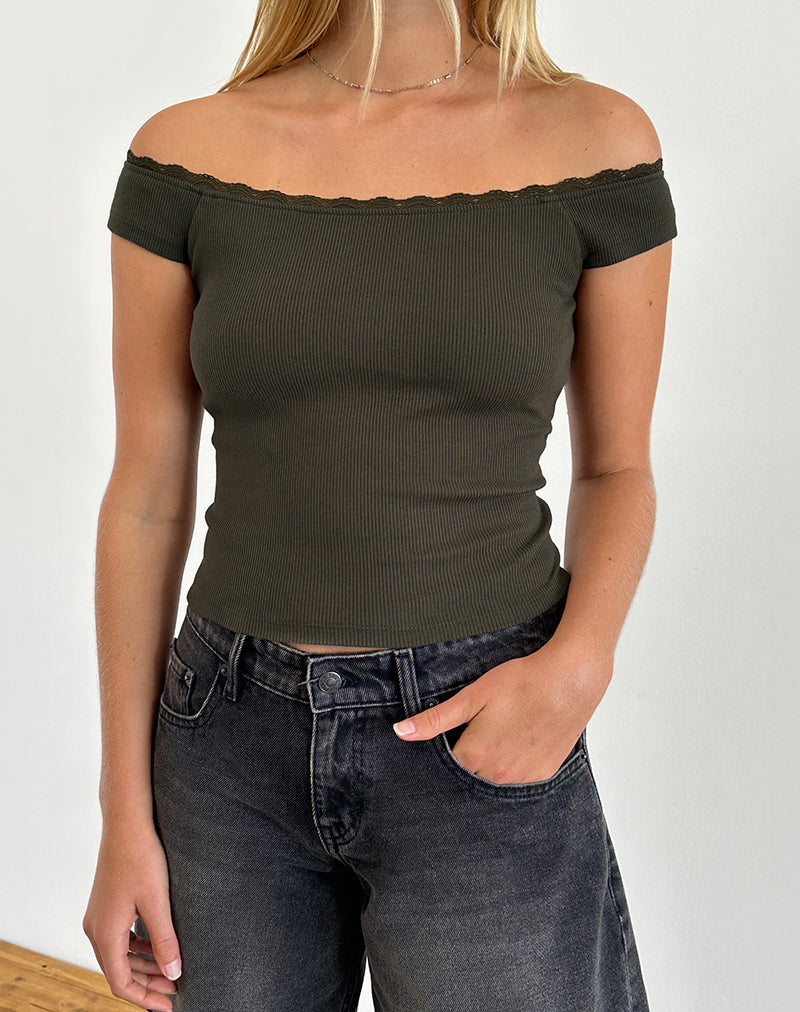 Chacha Top in Olive Rib Lace-Nico Sky